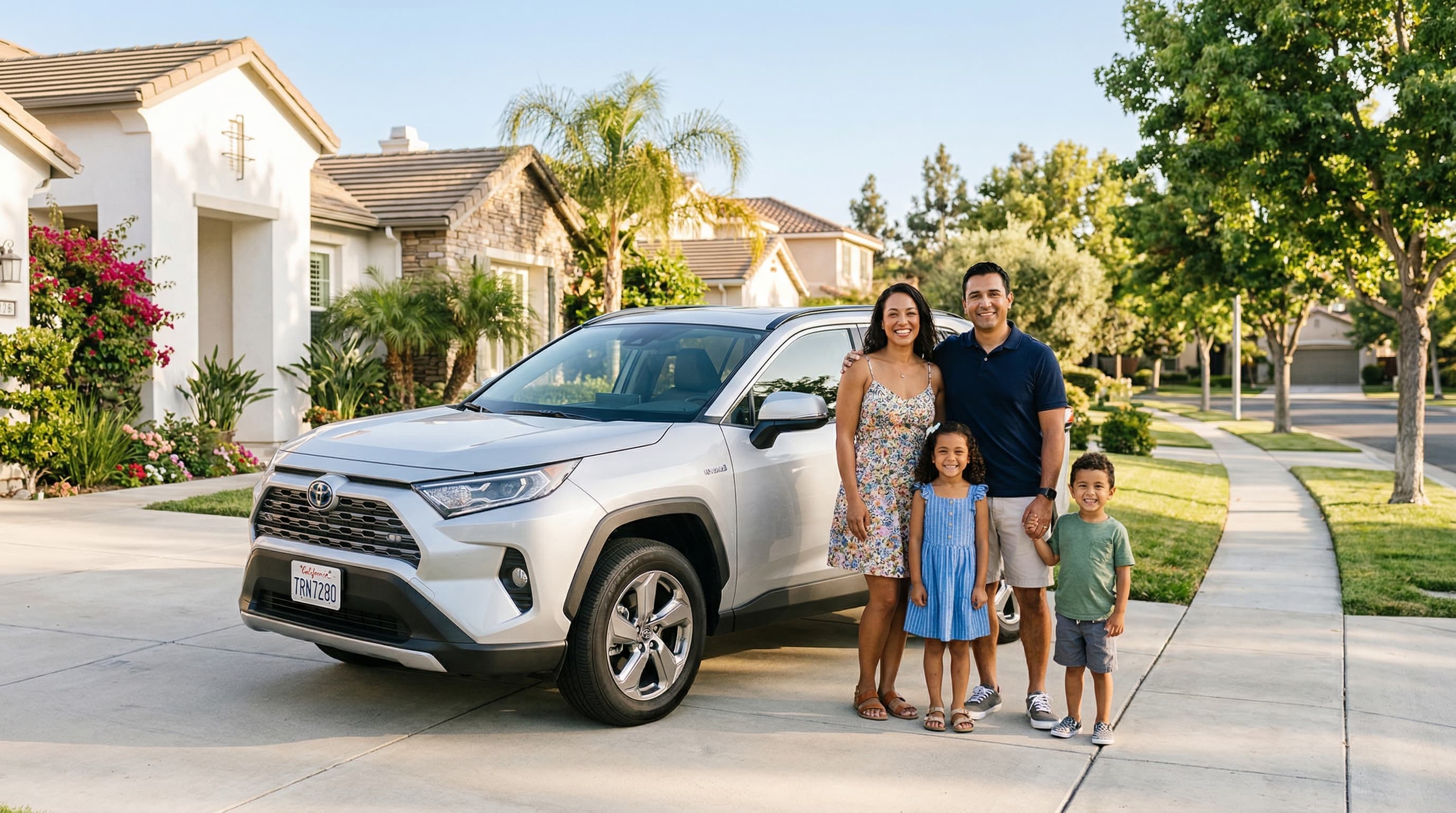 Familia con su auto protegido por seguro de auto en California