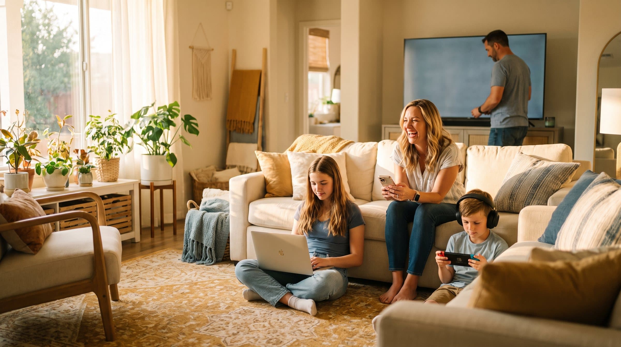 A California family at home together with a phone, laptop, game console and television