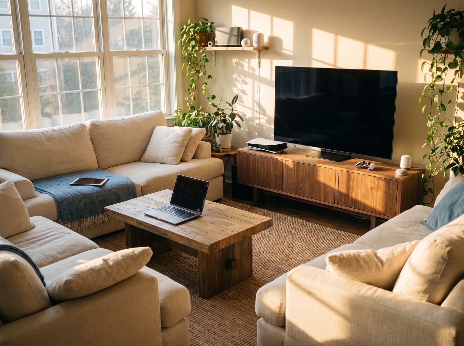 A California living room with a television, games console, laptop, tablet and smart speakers